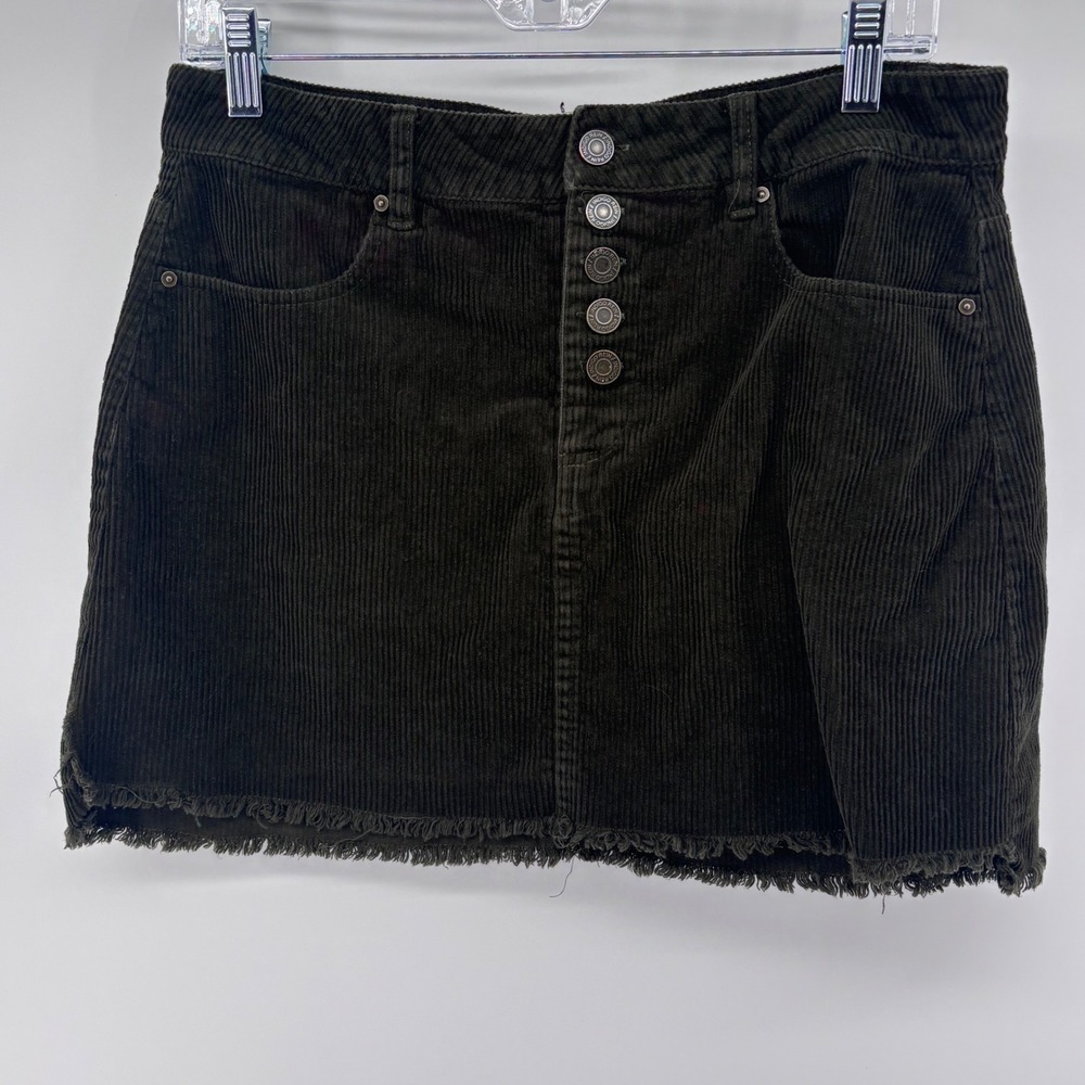 Indigo‎ Rein Corduroy Mini Skirt Button Front Frayed Hem Dark Green Size 9